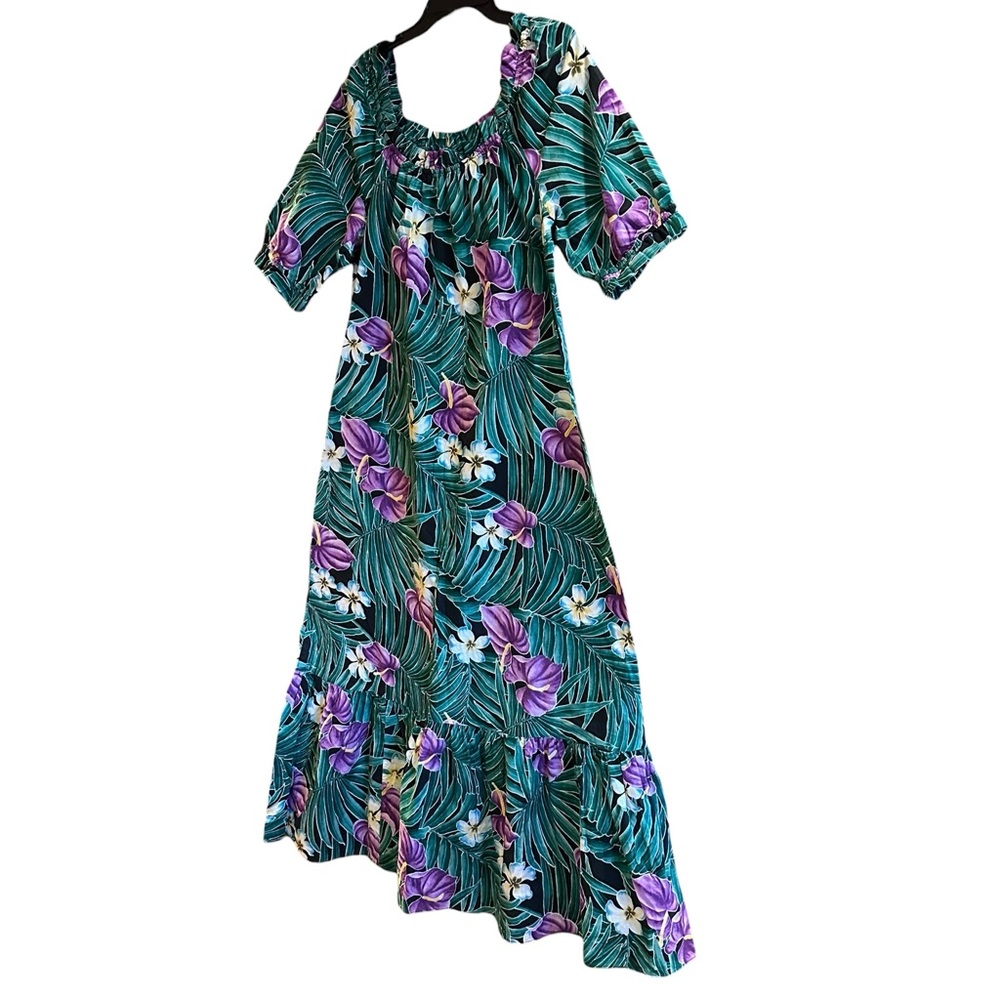 Vtg Hilo Hattie Hawaii USA Green Purple Floral Maxi Muumuu Luau Party Dress Med